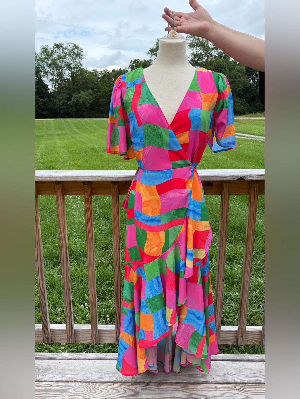 Flying Tomato Floral Wrap Maxi‎ Dress in Blue and Orange Abstract Ruffle Tassel